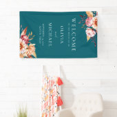 Elegante Blauwgroen Boho Chic Bloemen Huwelijk Wel Spandoek (Insitu)