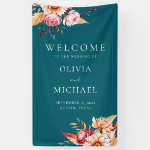 Elegante Blauwgroen Boho Chic Bloemen Huwelijk Wel Spandoek