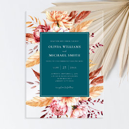 Elegante Blauwgroen Boho Chic Floral Wedding Acryl Uitnodigingen