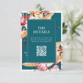 Elegante Blauwgroen Boho Chic Floral Wedding Informatiekaartje (Staand voorkant)