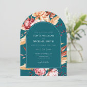 Elegante Blauwgroen Boho Chic Floral Wedding Kaart (Staand voorkant)