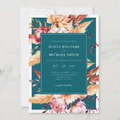 Elegante Blauwgroen Boho Chic Floral Wedding Kaart (Voorkant)