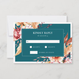 Elegante Blauwgroen Boho Chic Floral Wedding RSVP Kaartje