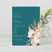 Elegante Blauwgroen Boho Chic Herfst Floral Weddin Kaart (Staand voorkant)