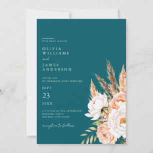 Elegante Blauwgroen Boho Chic Herfst Floral Weddin Kaart