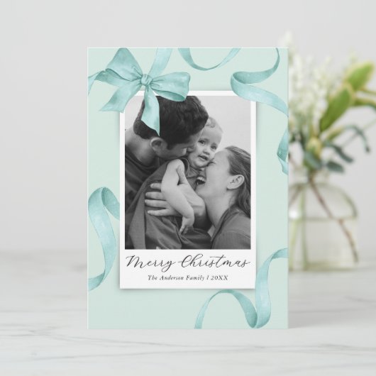 Elegante Blauwgroen boog foto kerst Feestdagenkaart (Staand voorkant)