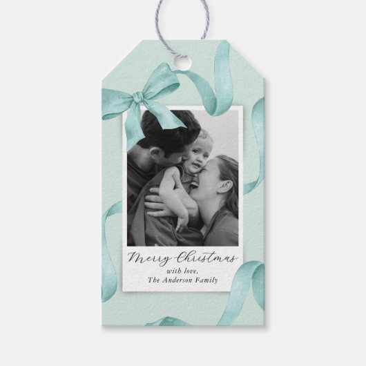 Elegante Blauwgroen Bow Photo Holiday Cadeaulabel (Voorkant)