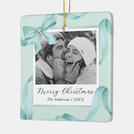 Elegante Blauwgroen Bow Photo Holiday Keramisch Ornament (Links)