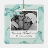 Elegante Blauwgroen Bow Photo Holiday Keramisch Ornament (Achterkant)
