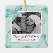 Elegante Blauwgroen Bow Photo Holiday Keramisch Ornament (Voorkant)