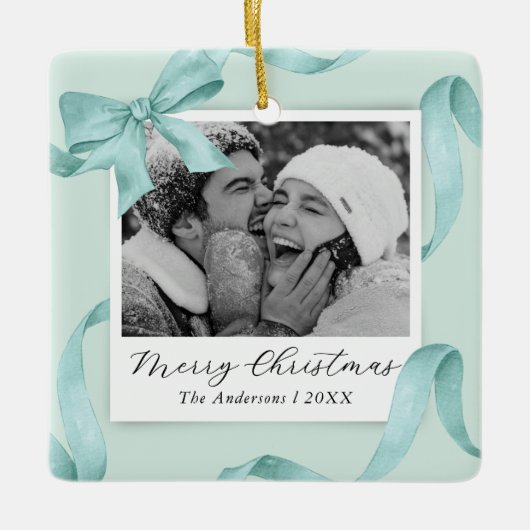 Elegante Blauwgroen Bow Photo Holiday Keramisch Ornament (Voorkant)
