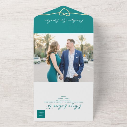 Elegante Blauwgroen bruiloft All In One Uitnodiging (Buitenkant)