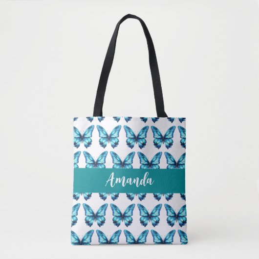 Elegante Blauwgroen Butterly Pattern Name Tote Bag (Voorkant)