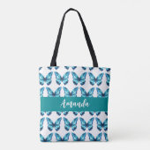 Elegante Blauwgroen Butterly Pattern Name Tote Bag (Achterkant)