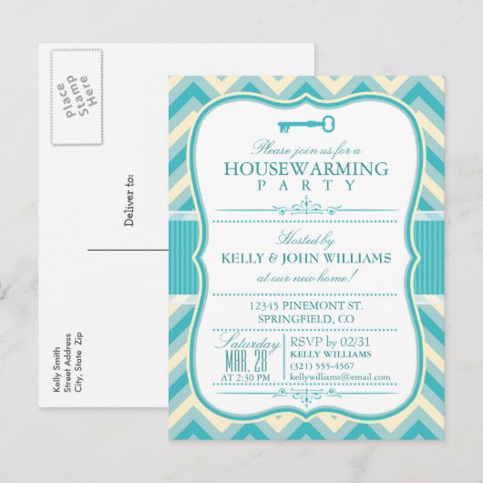 Elegante Blauwgroen Chevron Housewarming Briefkaar Uitnodiging Briefkaart (Voorkant / Achterkant)