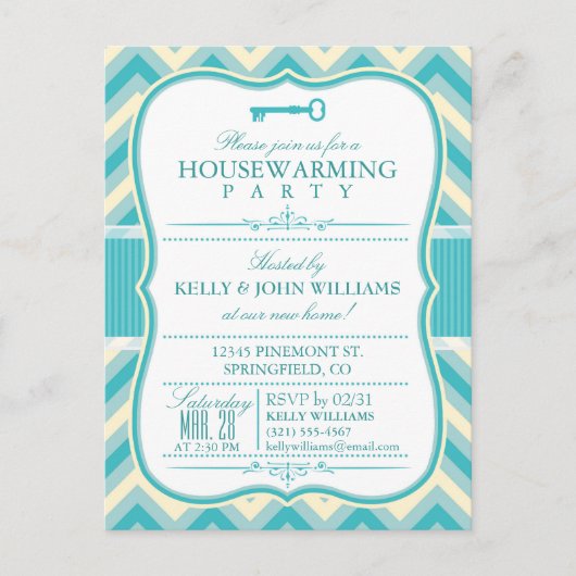 Elegante Blauwgroen Chevron Housewarming Briefkaar Uitnodiging Briefkaart (Voorkant)