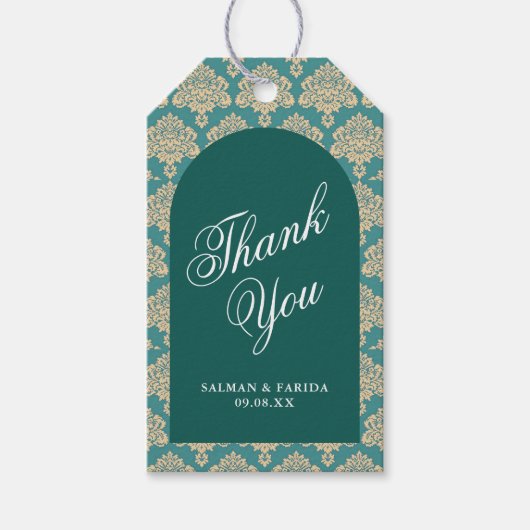Elegante Blauwgroen Damask Arch bruiloft dank u Cadeaulabel (Voorkant)