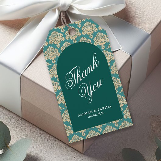 Elegante Blauwgroen Damask Arch bruiloft dank u Cadeaulabel