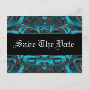 Elegante Blauwgroen Damask Scroll Save the Date Br Aankondigingskaart