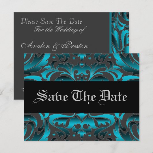 Elegante Blauwgroen Damask Scroll Save the Date Br Aankondigingskaart (Voorkant / Achterkant)