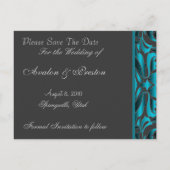 Elegante Blauwgroen Damask Scroll Save the Date Br Aankondigingskaart (Achterkant)