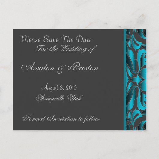 Elegante Blauwgroen Damask Scroll Save the Date Br Aankondigingskaart (Achterkant)