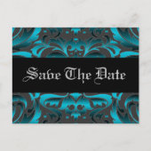 Elegante Blauwgroen Damask Scroll Save the Date Br Aankondigingskaart (Voorkant)