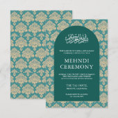 Elegante Blauwgroen Damast Arch Islamitische Mehnd Informatiekaartje (Voorkant / Achterkant)