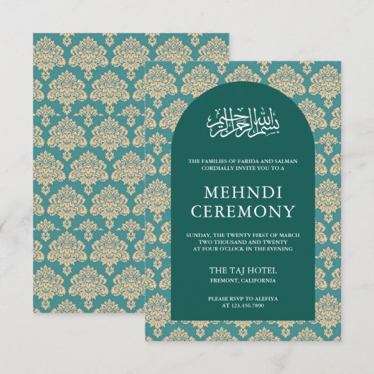 Elegante Blauwgroen Damast Arch Islamitische Mehnd Informatiekaartje (Voorkant / Achterkant)