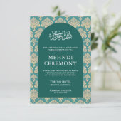 Elegante Blauwgroen Damast Arch Islamitische Mehnd Informatiekaartje (Staand voorkant)