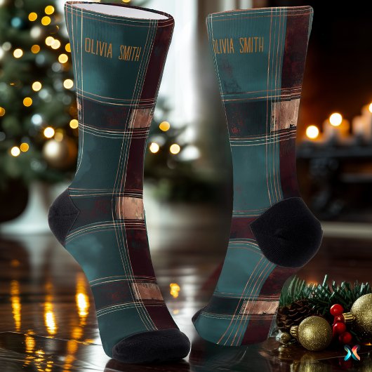 Elegante Blauwgroen en Bourgondische Christmas Pla Sokken