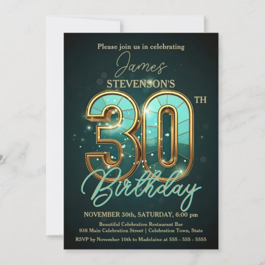 Elegante Blauwgroen en gouden 30e verjaardag Kaart (Voorkant)