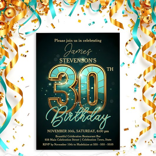 Elegante Blauwgroen en gouden 30e verjaardag Kaart
