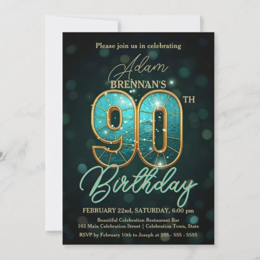 Elegante Blauwgroen en gouden 90e verjaardag Kaart (Voorkant)