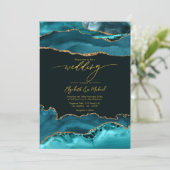 Elegante Blauwgroen en gouden agaat bruiloft QR-co Kaart (Staand voorkant)