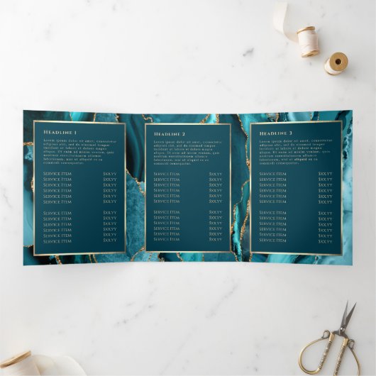 Elegante Blauwgroen en gouden Agaat Trifold Brochu Drieluik Kaart (Binnen)
