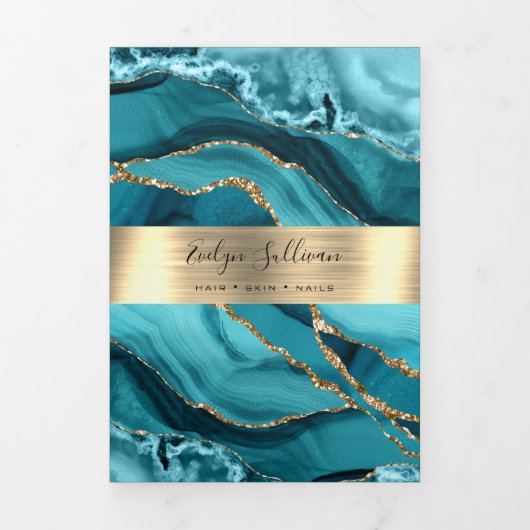 Elegante Blauwgroen en gouden Agaat Trifold Brochu Drieluik Kaart (Cover)