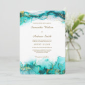 Elegante Blauwgroen en gouden bruiloft Kaart (Staand voorkant)