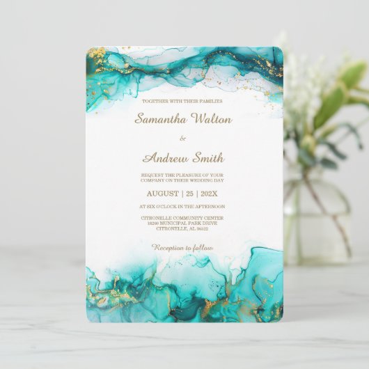 Elegante Blauwgroen en gouden bruiloft Kaart (Staand voorkant)