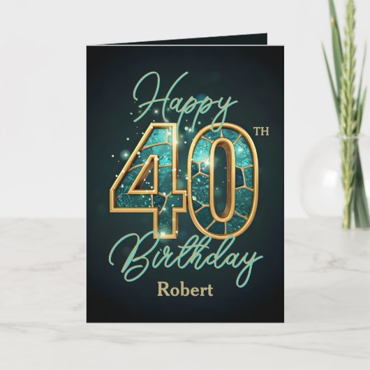 Elegante Blauwgroen en gouden metallic 40e verjaar Kaart (Voorkant)