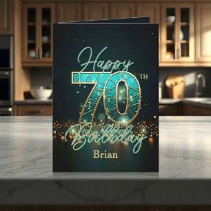Elegante Blauwgroen en gouden metallic 70e verjaar Kaart