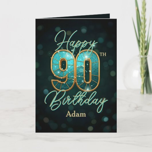 Elegante Blauwgroen en gouden metallic 90e verjaar Kaart (Voorkant)