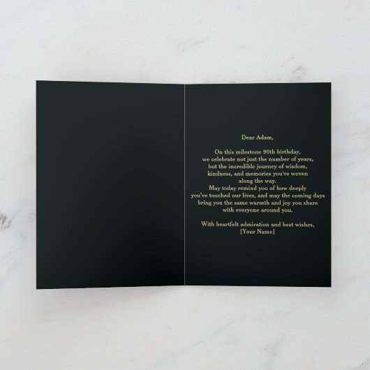 Elegante Blauwgroen en gouden metallic 90e verjaar Kaart (Binnen)