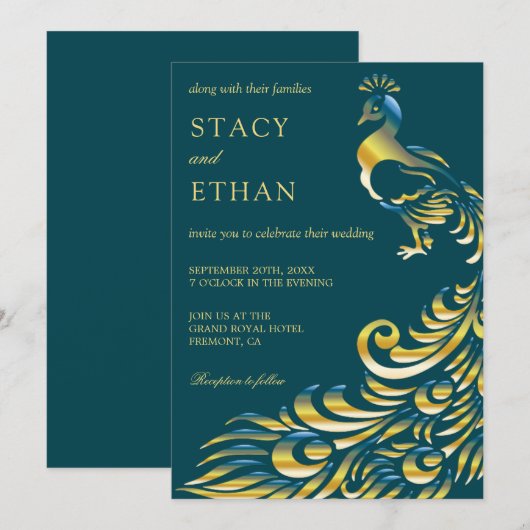 Elegante Blauwgroen en gouden Peacock bruiloft uit Kaart (Voorkant / Achterkant)