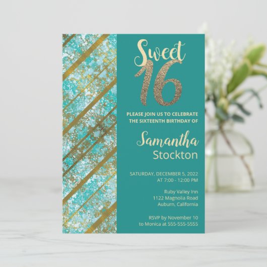 Elegante Blauwgroen en gouden verjaardagsuitnodigi Kaart (Staand voorkant)