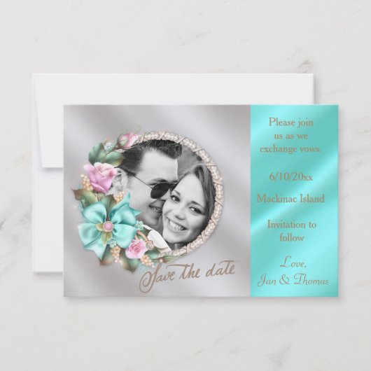 Elegante Blauwgroen en gouden zilveren foto Save t Save The Date (Voorkant)