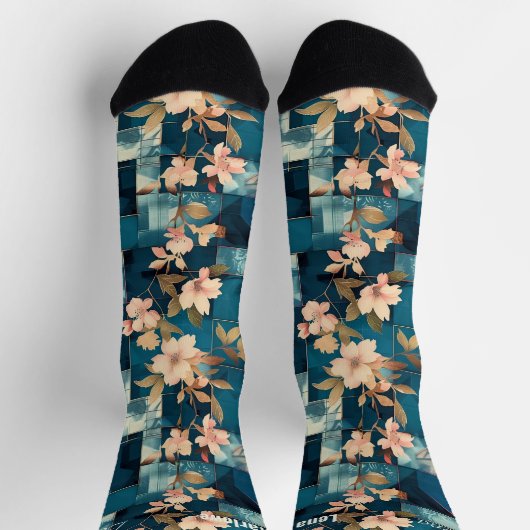 Elegante Blauwgroen en Koraal Bloemen Patchwork op Sokken (Top)