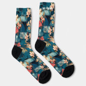 Elegante Blauwgroen en Koraal Bloemen Patchwork op Sokken (Rechts)