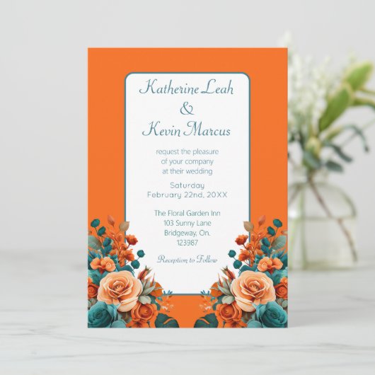 Elegante Blauwgroen en Oranje Bloemen Kaart (Staand voorkant)