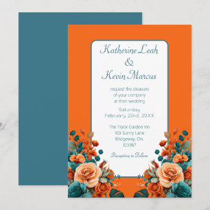 Elegante Blauwgroen en Oranje Bloemen Kaart